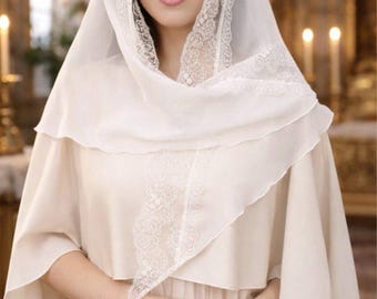 White Lace Chiffon Chapel Veil: Triangular Mantilla Head Covering