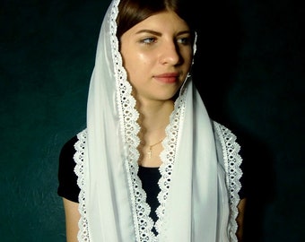 White Lace Chiffon Chapel Veil - Catholic Mantilla, Head Covering