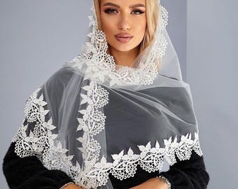 White Lace Cathedral Veil Mantilla, Chapel Head Covering (58x21 inches)