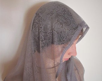 Spitze D - SHEP Kapelle Schleier für Messe Mantilla Kirchenschleier Traditionelle Messe Kopfbedeckung Eternity Schal Kirchenschleier Religiöse Bedeckung Grau