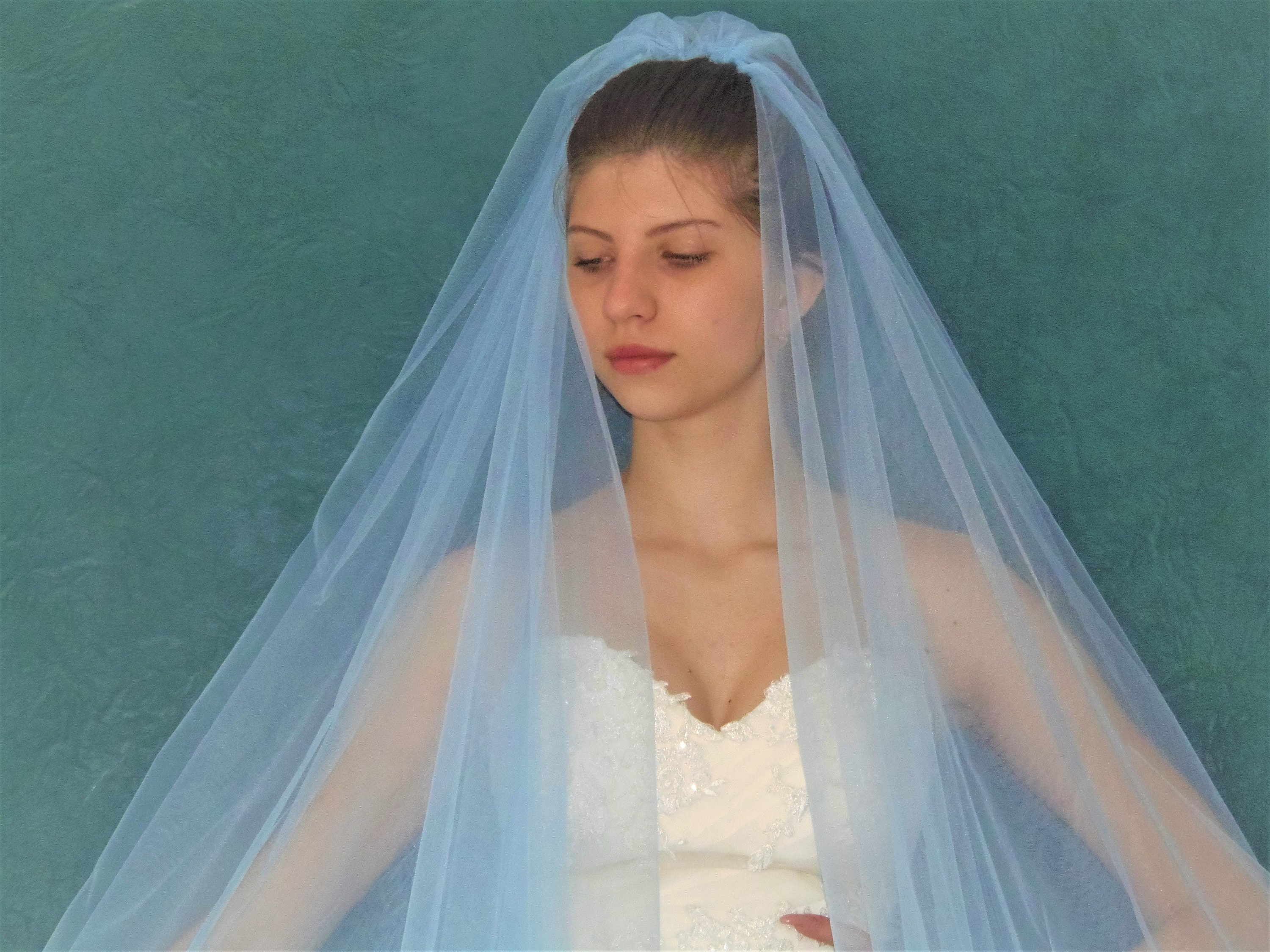 Blue tulle Wedding veil white cathedral Veil long bridal