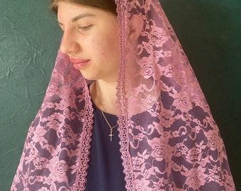Véu de capela de renda rosa, mantilha da Igreja Católica, cobertura de cabeça