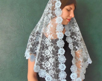 Mantilla de velo de capilla de encaje azul claro - Cobertura católica para la cabeza