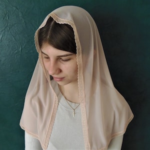 Rose Gold Chapel Veil, Silky Lace Mantilla - Catholic Head Covering