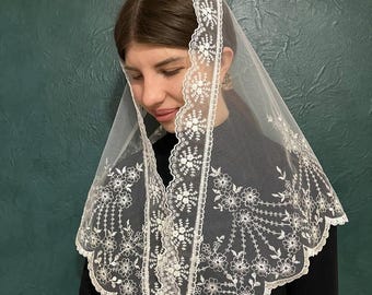 Velo da cappella in pizzo avorio, mantiglia per chiesa cattolica