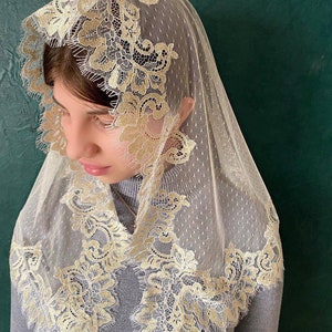 Gold church veil cathedral veil  mantilla D-SHAPE chapel mantilla   Chapel veil for mass Catholic gifts mantilla Lace head covering