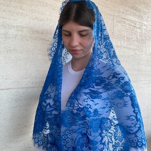 Chapel veil Lace blue mantilla lace mantilla veil Lace catholic veil for latin mass scarf religious head lace covering veil