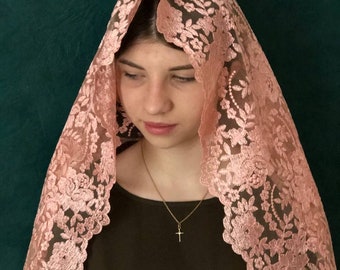 Mantilla de encaje dorado rosa para capilla, para cubrir la cabeza (67 x 24)
