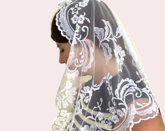 Ivory Lace Chapel Veil, Catholic Mantilla Head Covering (40 inch)