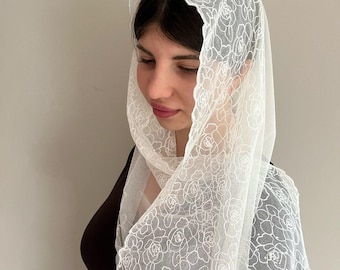 Velo de capilla de encaje blanco, mantilla católica bordada