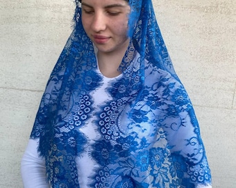 Blue Lace Chapel Veil, Catholic Mantilla, Religious Head Covering