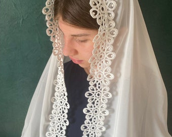 Véu de capela de renda de chiffon, cobertura de cabeça católica