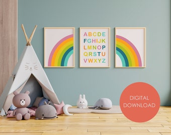 Arte imprimible para niños, arte de pared para niños, impresión digital, impresión del alfabeto arcoíris, póster ABC, alfabeto infantil, arte educativo de la pared, arte de la sala de juegos