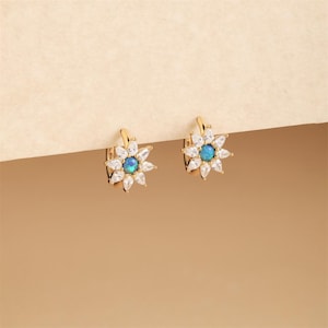 Blue Opal Huggie Hoop,Sterling Silver Earring,Opal Jewelry,Sunflower earring,Delicate Small Huggie, Gold Opal Hoop, Birthday Gift for Her