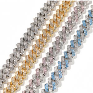 Łańcuchy kubańskie, hip-hopowe łańcuszki kubańskie 13 mm, naszyjniki lub bransoletki Iced Out, złote/srebrno-różowe/srebrno-niebieskie łańcuchy hip-hopowe – biżuteria unisex