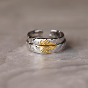 Couple Rings，Maple Leaf Inlay Couple Rings，Sterling Silver Ring， Leaf Ring，Nature-inspired Ring，Promise Ring,For Men And Women