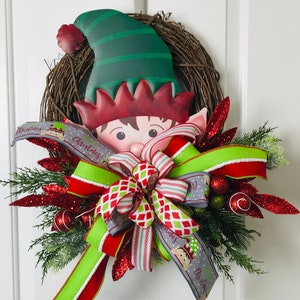 Door decor elf wreath, red and green. Rustic and holiday, perfect for front door!