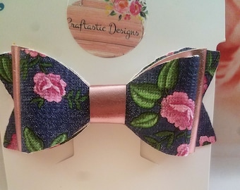 Faux leather double layer hair bow with floral print