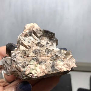 Puede incluir: Un c&uacute;mulo de cristales de cuarzo ahumado incrustados en una matriz rugosa de color gris y marr&oacute;n. Los cristales son transl&uacute;cidos y tienen un color marr&oacute;n ahumado.