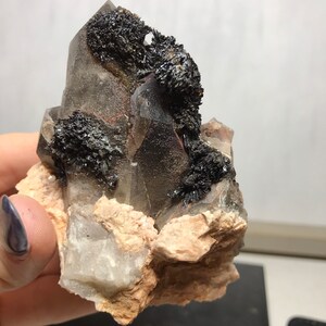 May include: A smoky quartz crystal cluster with black hematite inclusions. The crystal is attached to a matrix of light brown rock.
