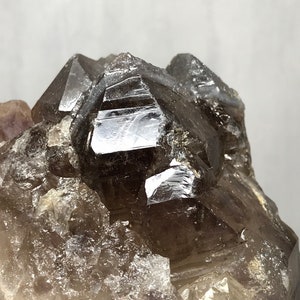 May include: A cluster of smoky quartz crystals with a dark, almost black, hue. The crystals are clustered together in a natural formation, showcasing their unique facets and textures.