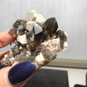 Puede incluir: Un c&uacute;mulo de cristales de cuarzo ahumado con una matriz blanca. Los cristales son transl&uacute;cidos y tienen un color marr&oacute;n oscuro.