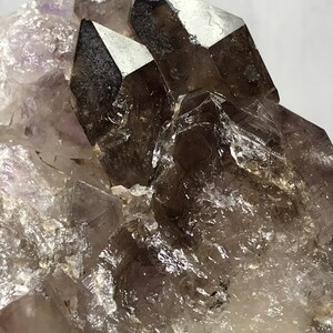 May include: A cluster of smoky quartz crystals with a few amethyst crystals. The smoky quartz crystals are clear and have a dark gray color. The amethyst crystals are purple and have a translucent appearance.