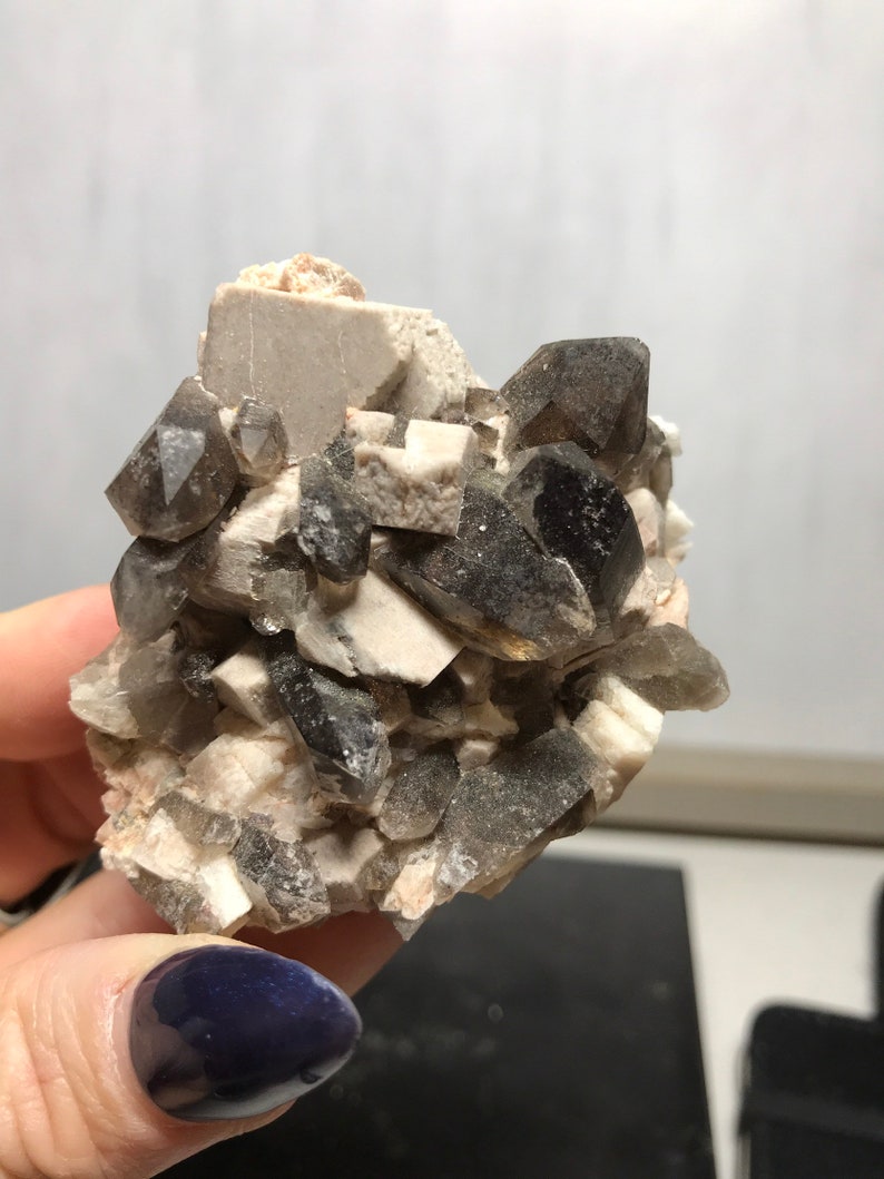 Puede incluir: Un c&uacute;mulo de cristales de cuarzo ahumado con una matriz blanca lechosa. Los cristales son transl&uacute;cidos y tienen un color marr&oacute;n oscuro.