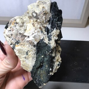 May include: A rough, gray and black rock with a cluster of clear quartz crystals embedded in it. The rock has a natural, unpolished look.