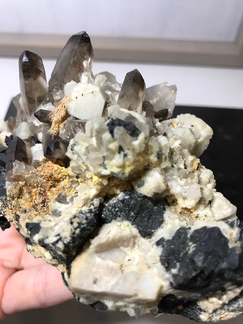 May include: A cluster of smoky quartz crystals on a matrix of black and white minerals. The crystals are clear and have a smoky brown color. The matrix is rough and textured.