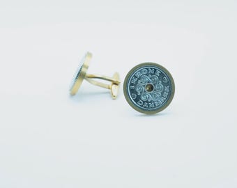 Coin Cufflinks- Denmark 1 Krone Coin Cufflinks, Choice of Gunmetal coloured backs (stainless steel)