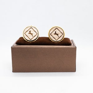 Deer Crossing Sign Wooden Cufflinks - Wedding Cufflinks, Engraved Wooden Cufflinks, Groom Cufflinks, Personalized Cufflinks