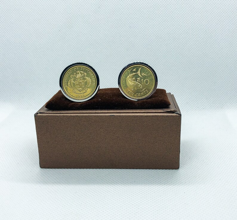 Silver or Gunmetal Back 5th anniversary 5 years,father gift, Seychelles 10 Cent Coin Cufflinks Coin Cufflinks with Stainless Steel