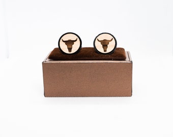 Gemelos de madera calavera toro - Gemelos de boda, Gemelos de madera grabados, Gemelos de novio, Gemelos personalizados