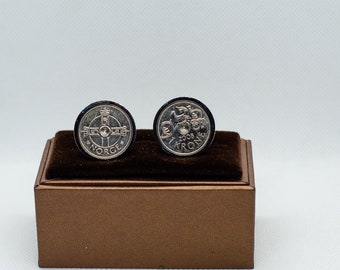 Coin Cufflinks - Norway, 1 Krone, Choice of Silver or Gunmetal coloured backs (stainless steel), gift for Norwegian friend, Norway wedding