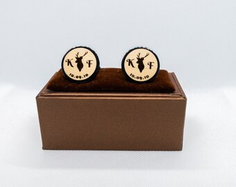 Custom Stag Initials Wooden Cufflinks - Wedding Cufflinks, Engraved Wooden Cufflinks, Groom Cufflinks, Personalized Cufflinks