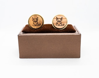 Wooden Fox Origami Cufflinks - Wedding Cufflinks, Engraved Wooden Cufflinks, Groom Cufflinks, Personalized Cufflinks