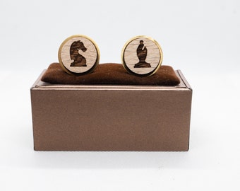 Chess Bishop and Knight Wooden Cufflinks - Wedding Cufflinks, Engraved Wooden Cufflinks, Groom Cufflinks, Personalized Cufflinks