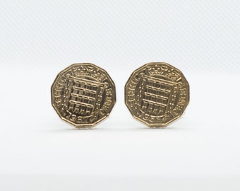 Coin Cufflinks - United Kingdom, 3 Pence - Elizabeth II Coin Cufflinks, 3rd year anniversary, 3 years, 6th year anniversary, grandfather