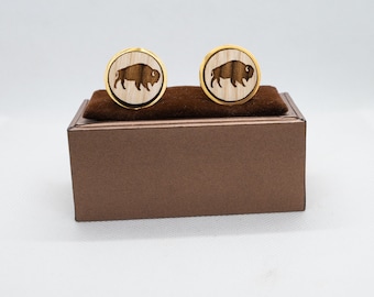 American Bison Buffalo Wooden Cufflinks - Wedding Cufflinks, Engraved Wooden Cufflinks, Groom Cufflinks, Personalized
