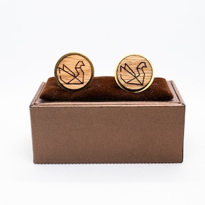 Wooden swan Origami Cufflinks - Wedding Cufflinks, Engraved Wooden Cufflinks, Groom Cufflinks, Personalized Cufflinks