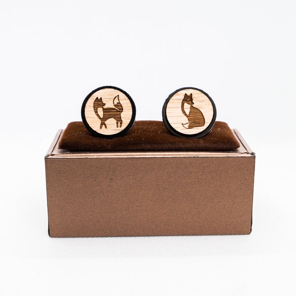 Fox Wooden Cufflinks - Wedding Cufflinks, Engraved Wooden Cufflinks, Groom Cufflinks, Personalized Cufflinks