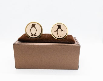 Penguin Wooden Cufflinks - Wedding Cufflinks, Engraved Wooden Cufflinks, Groom Cufflinks, Personalized Cufflinks