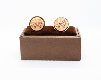Wooden Wolf  Origami Cufflinks - Wedding Cufflinks, Engraved Wooden Cufflinks, Groom Cufflinks, Personalized Cufflinks