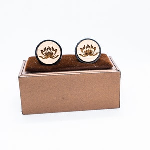 Lotus Nelumbo nucifera Wooden Cufflinks - Wedding Cufflinks, Engraved Wooden Cufflinks, Groom Cufflinks, Personalized Cufflinks