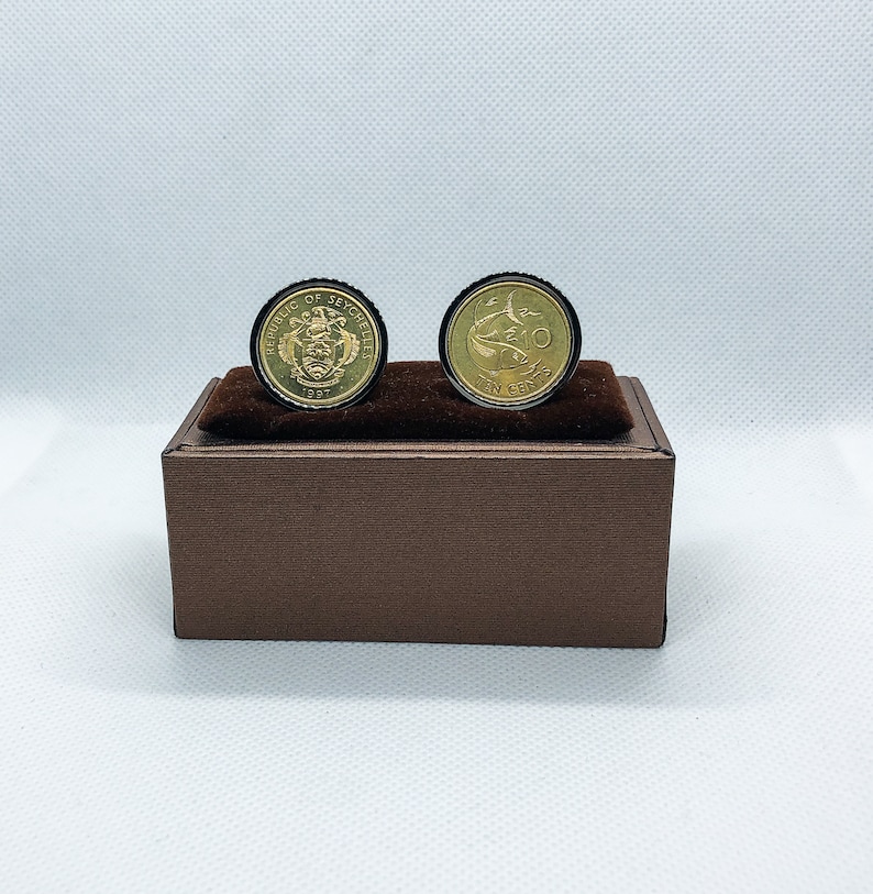 Silver or Gunmetal Back 5th anniversary 5 years,father gift, Seychelles 10 Cent Coin Cufflinks Coin Cufflinks with Stainless Steel
