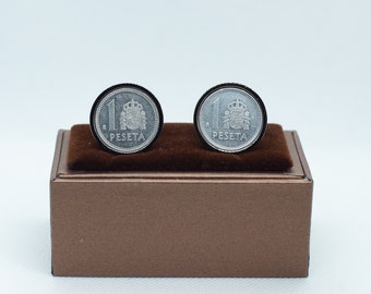 Coin Cufflinks - Spain, 1 Peseta, Juan Carlos I,Silver  coloured backs (stainless steel), one year anniversary,