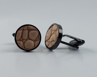 Leather Cufflinks - Textured Light Brown Leather Cufflinks,  3rd Anniversary, Cufflinks with Leather, Gift for Men, Wedding Gift,
