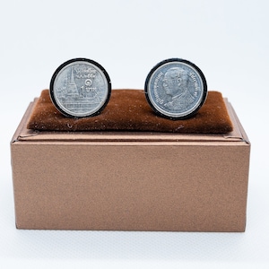Coin Cufflinks - Thailand 1 Baht Coin Cufflink, Choice of Gunmetal coloured backs (stainless steel)