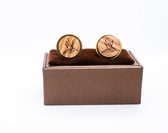 Wooden Hummingbirds Origami Cufflinks - Wedding Cufflinks, Engraved Wooden Cufflinks, Groom Cufflinks, Personalized Cufflinks